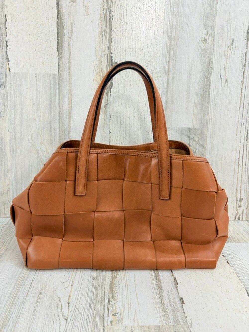 Ann Mashburn Wide Woven Satchel Bag Biscuit Leather Made in Italy